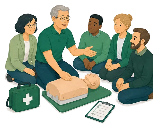 Trainer erklärt einer Gruppe ruhig und praxisnah die Wiederbelebung
